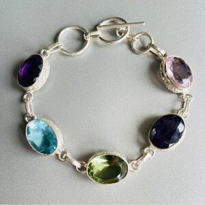 Multi Colored Cubic Zirconia Ornate Oval Link Sterling Silver Toggle Bra…